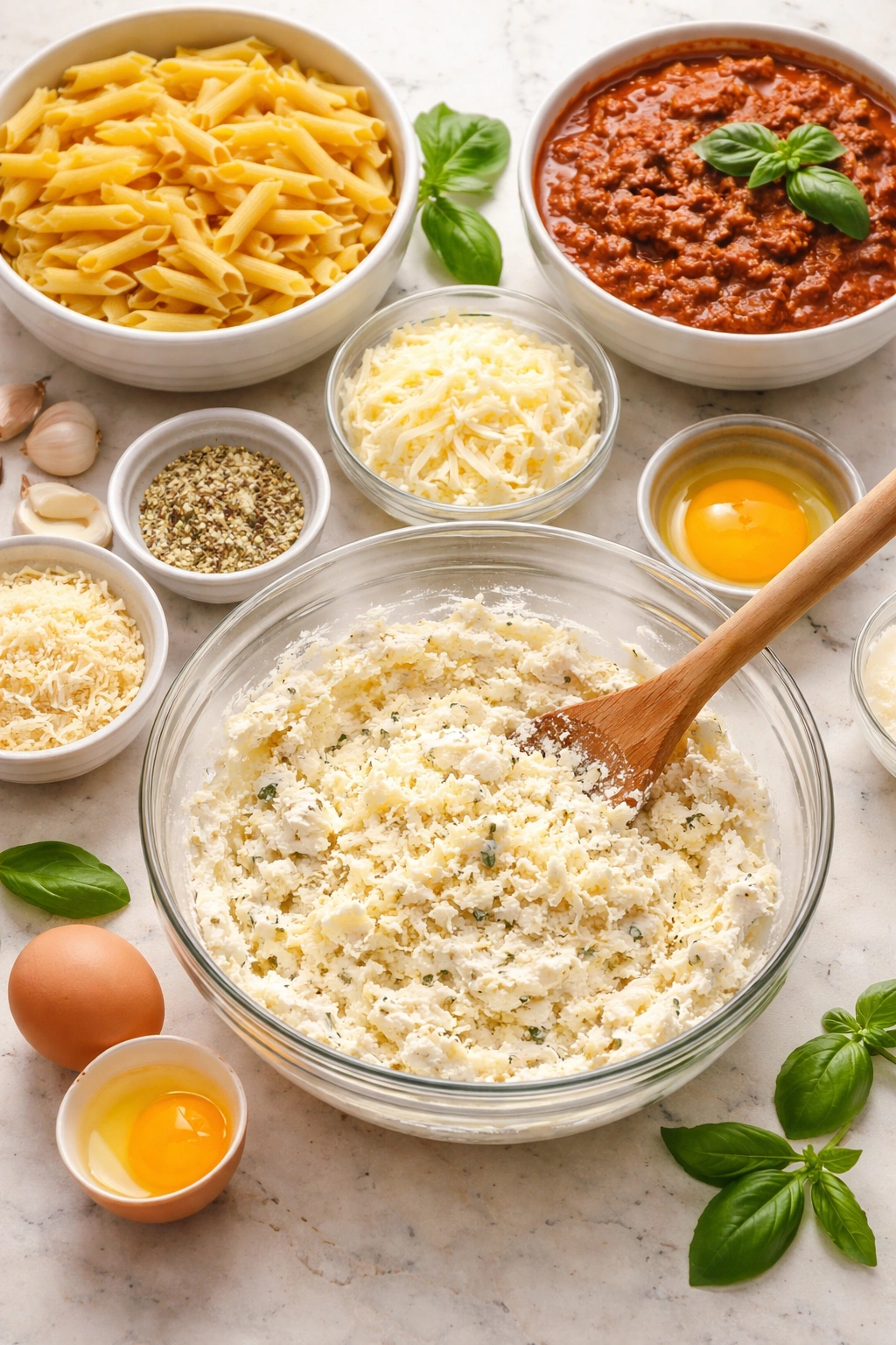 Bowl of ricotta filling with egg, mozzarella, and Parmesan nearby