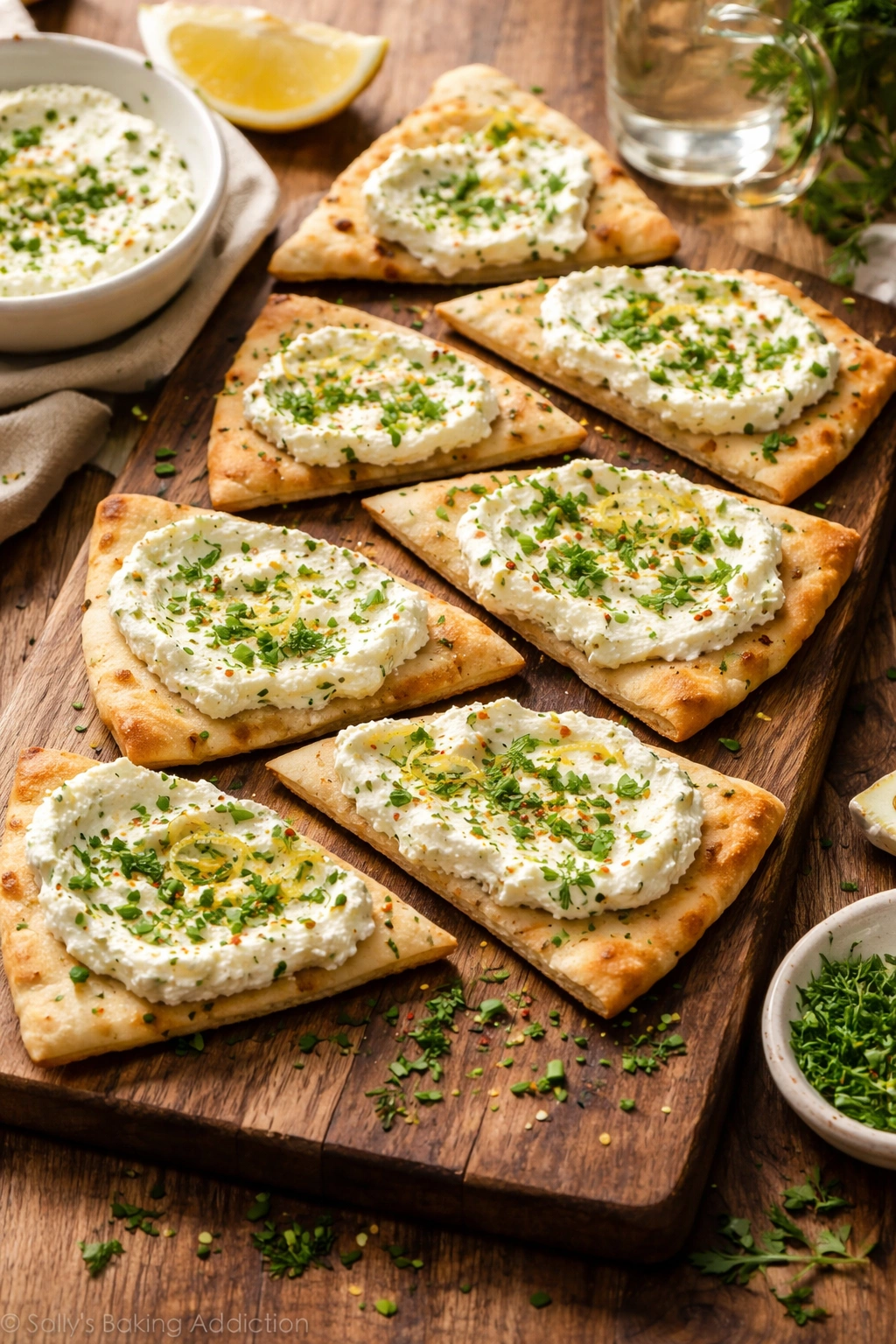 Flatbread slices with whipped ricotta and herbs