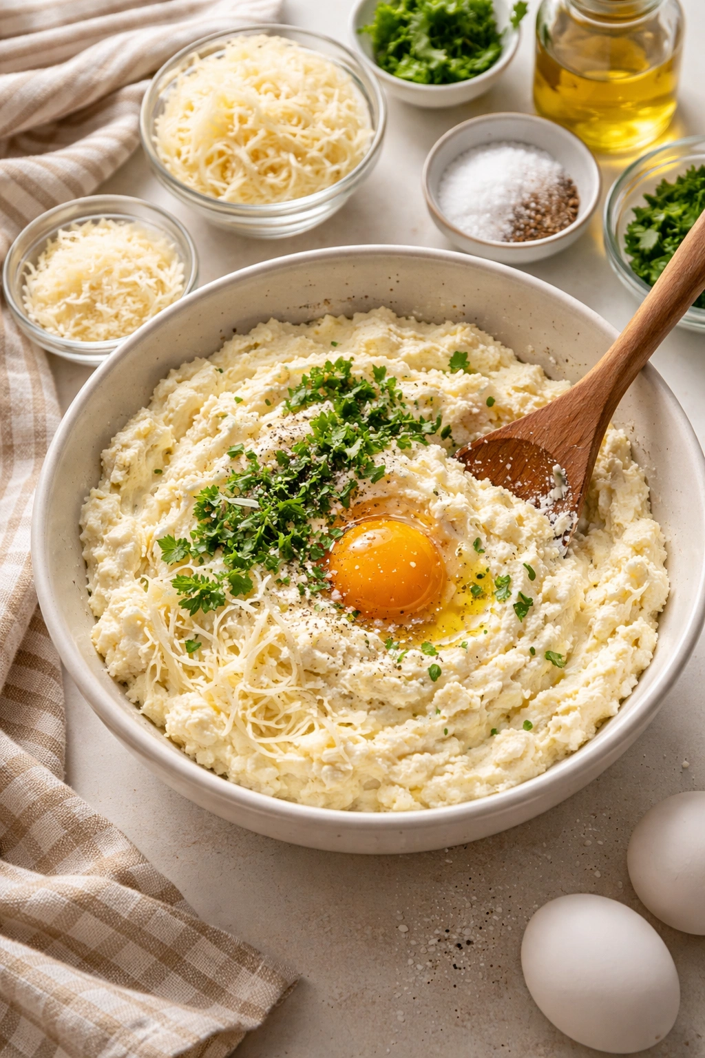 Creamy cheese mixture with ricotta, mozzarella, and parmesan