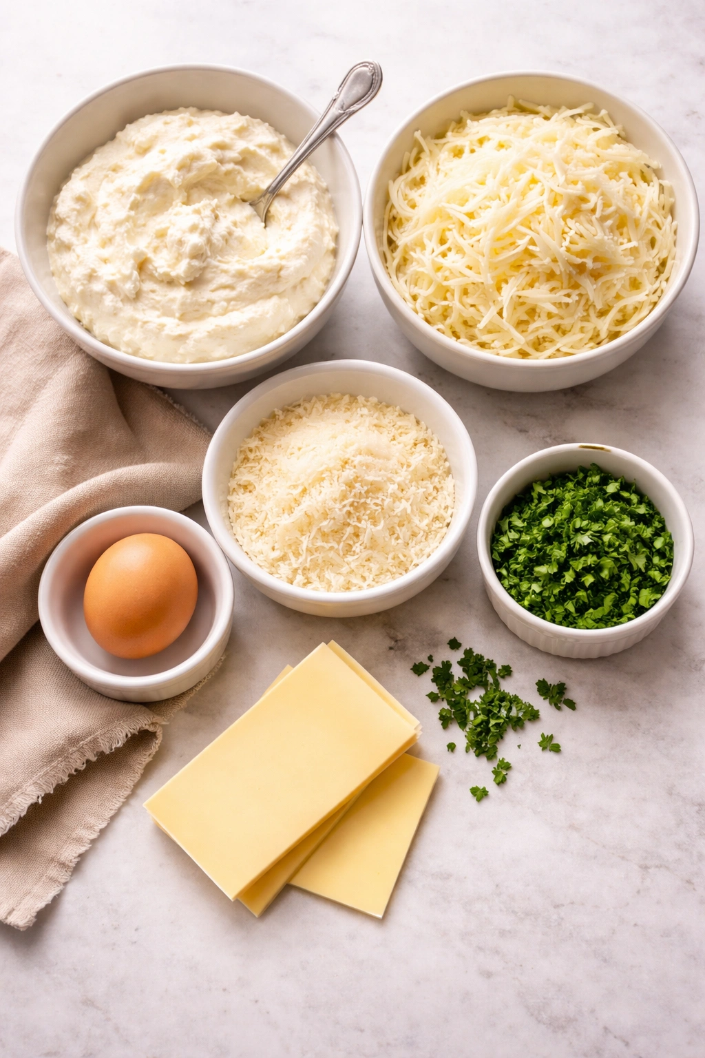 Assorted lasagna ingredients arranged on counter: ricotta, mozzarella, parmesan, egg, parsley