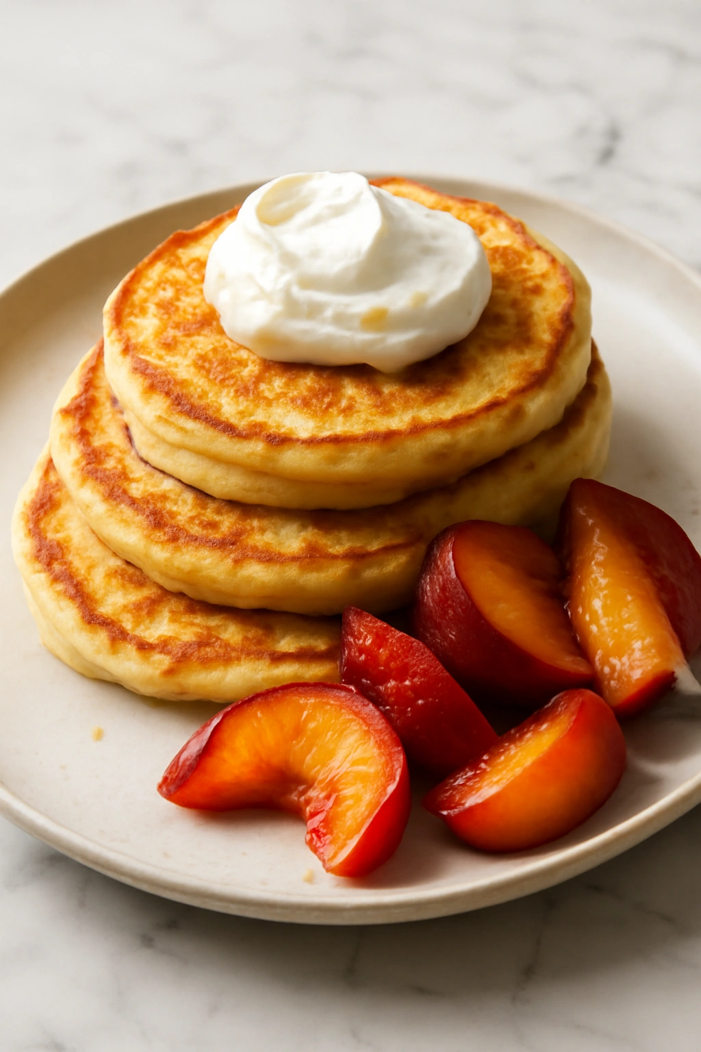 Stack of ricotta pancakes with mascarpone and roasted stone fruit