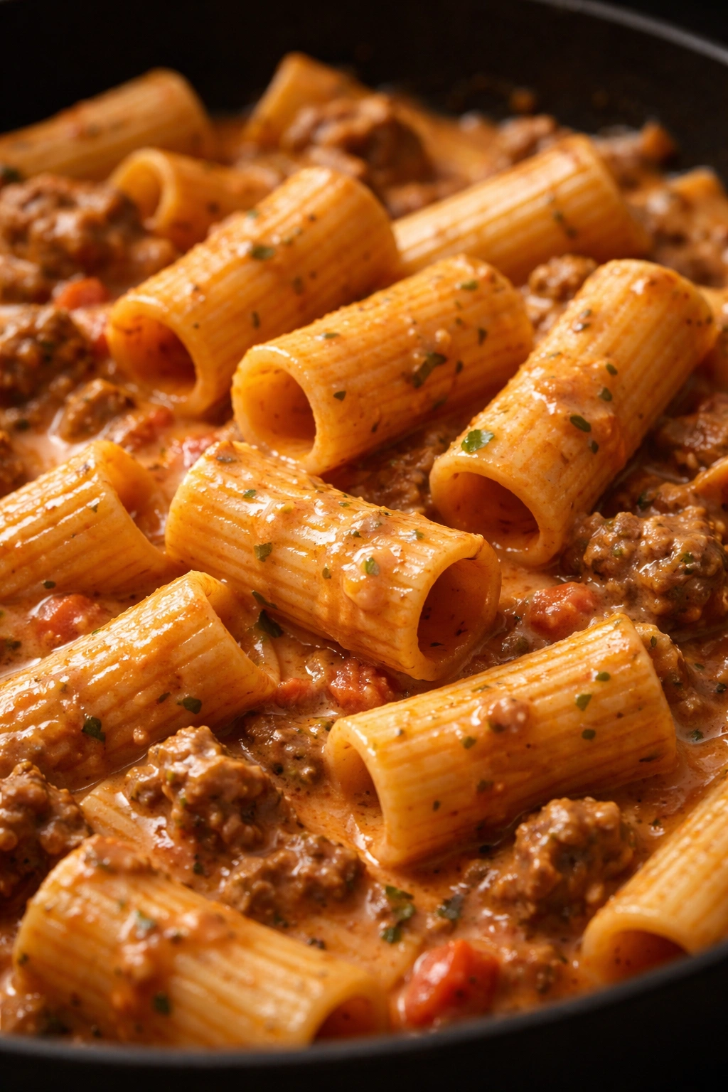 Close-up of rigatoni pasta tubes with creamy sauce
