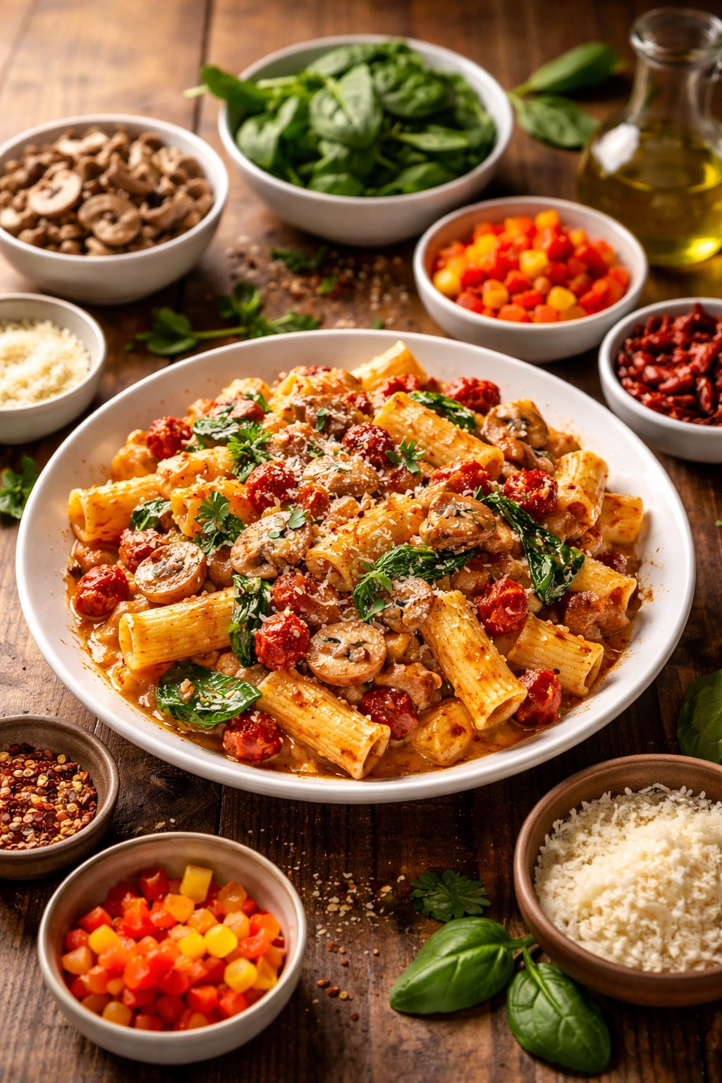 Plate of rigatoni with multiple toppings showing vegetarian and variation options