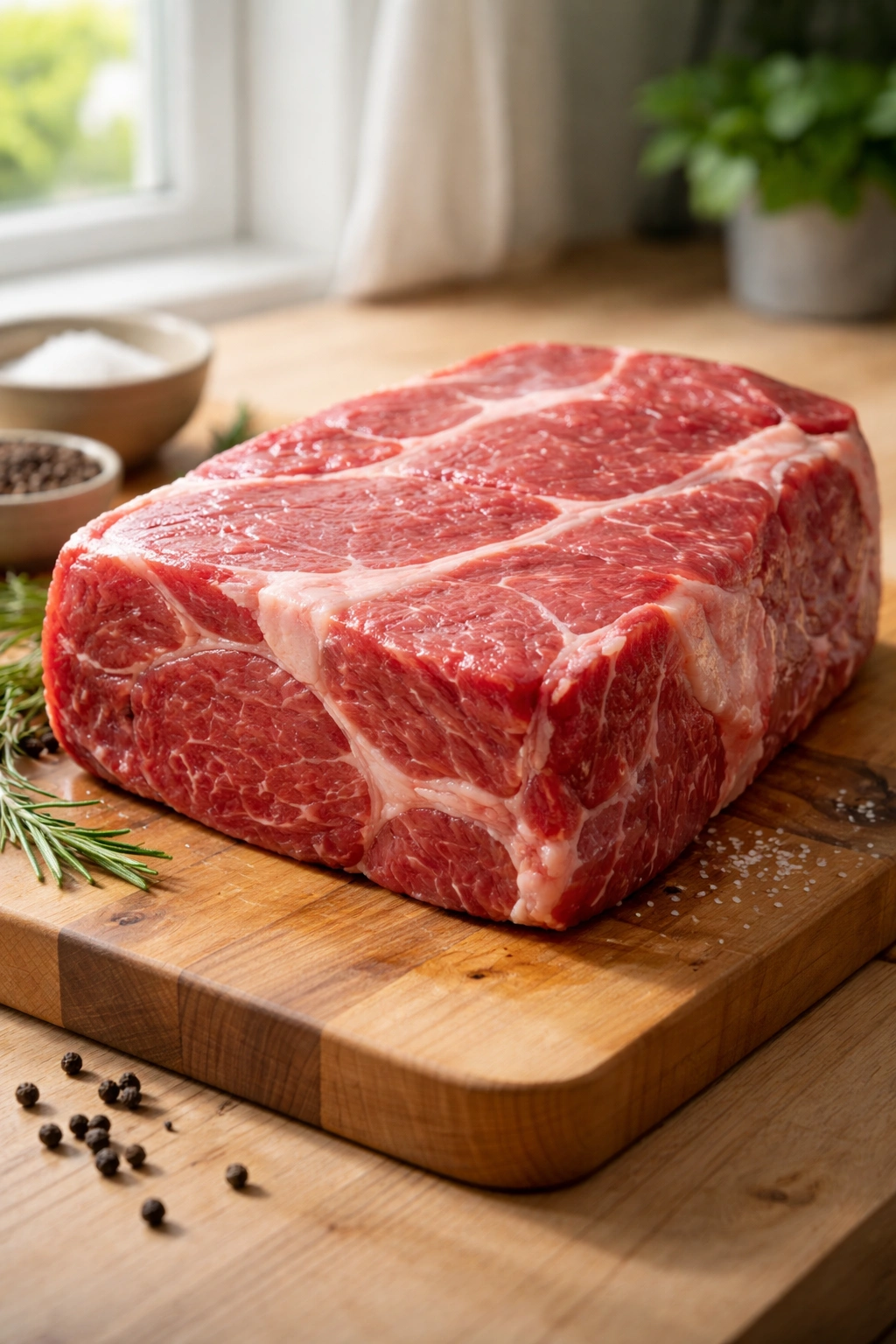 Boneless chuck roast with marbling on a butcher block