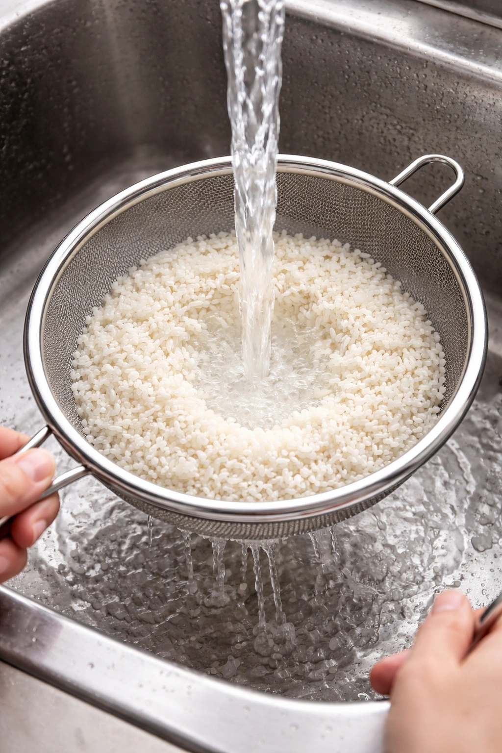 Rice being rinsed in a sieve under running water