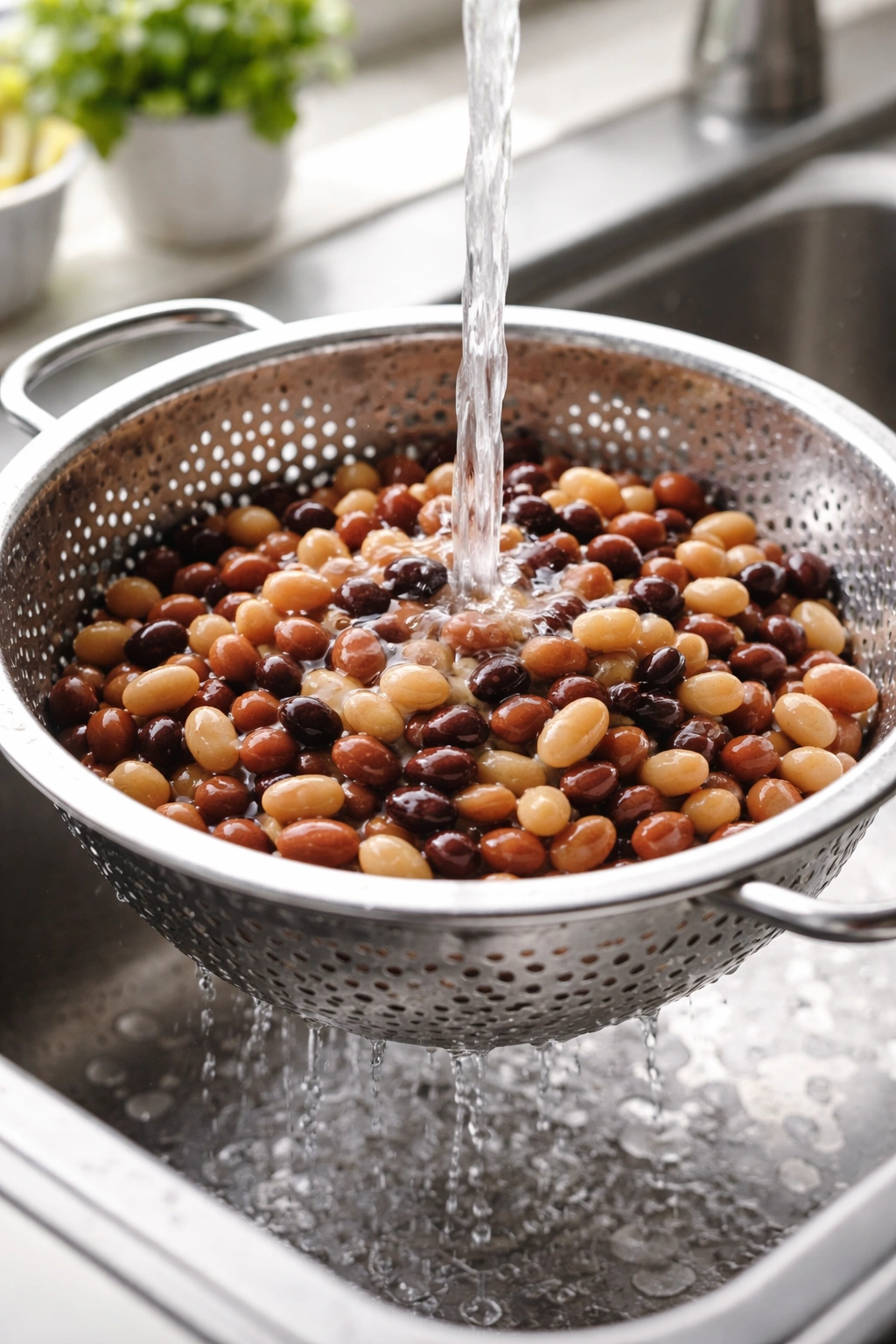Colander with cooked beans under running water
