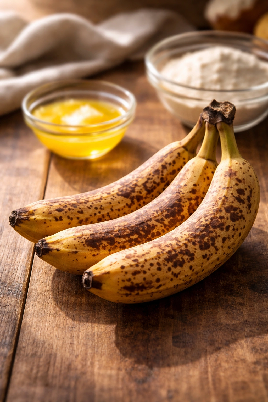 Two ripe bananas with brown spots on wood surface