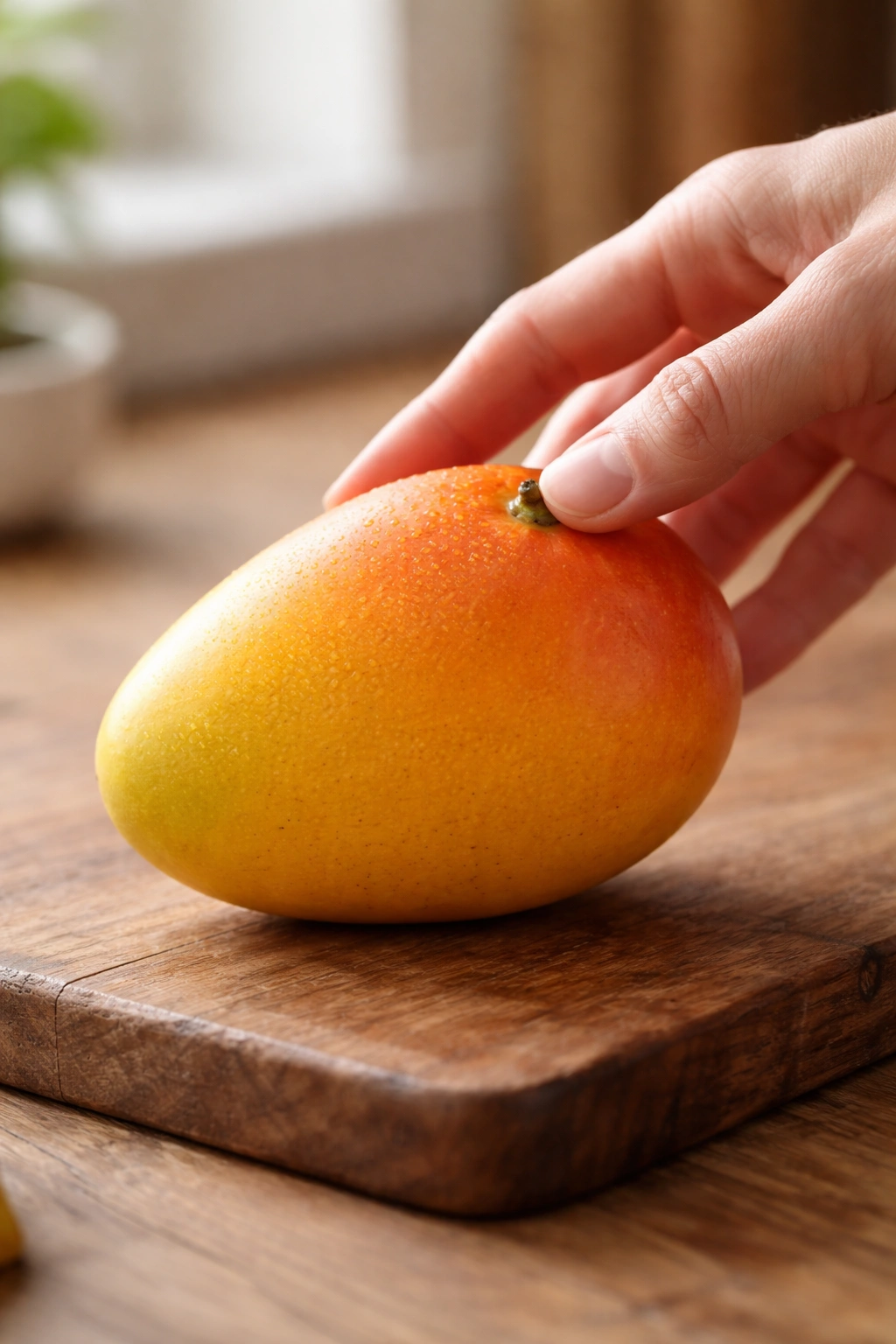 Close-up of a ripe Ataulfo mango with golden skin on a wooden board