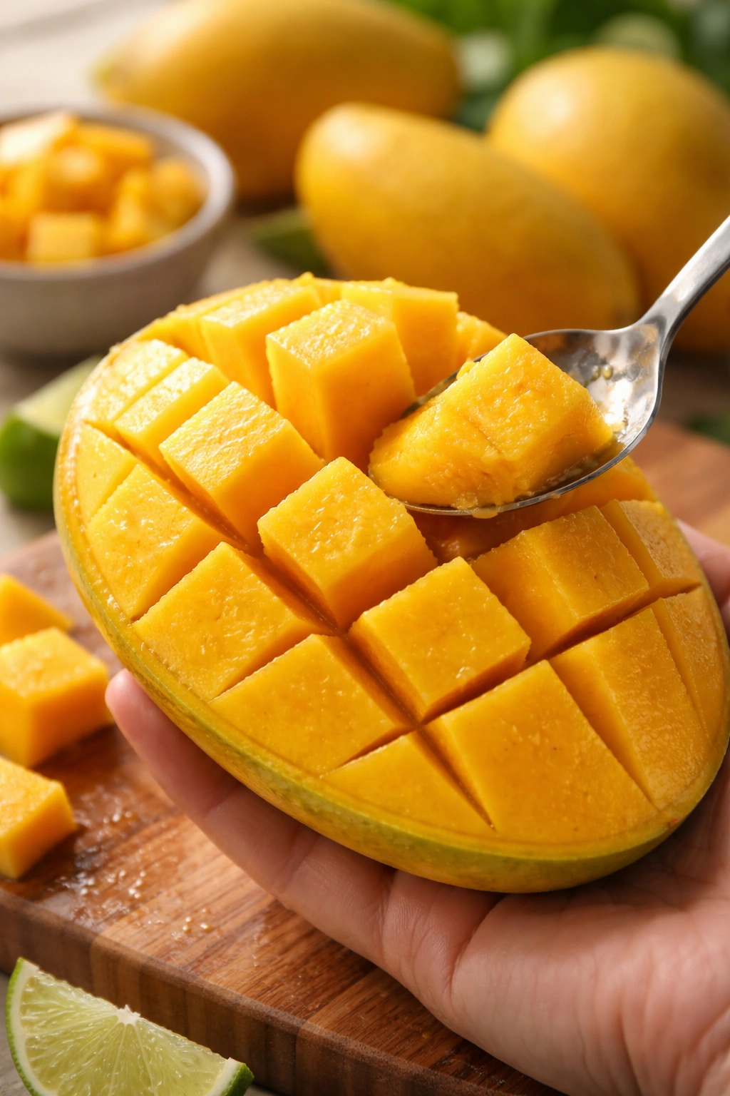 Ripe Ataulfo mango half with scored flesh ready for blending