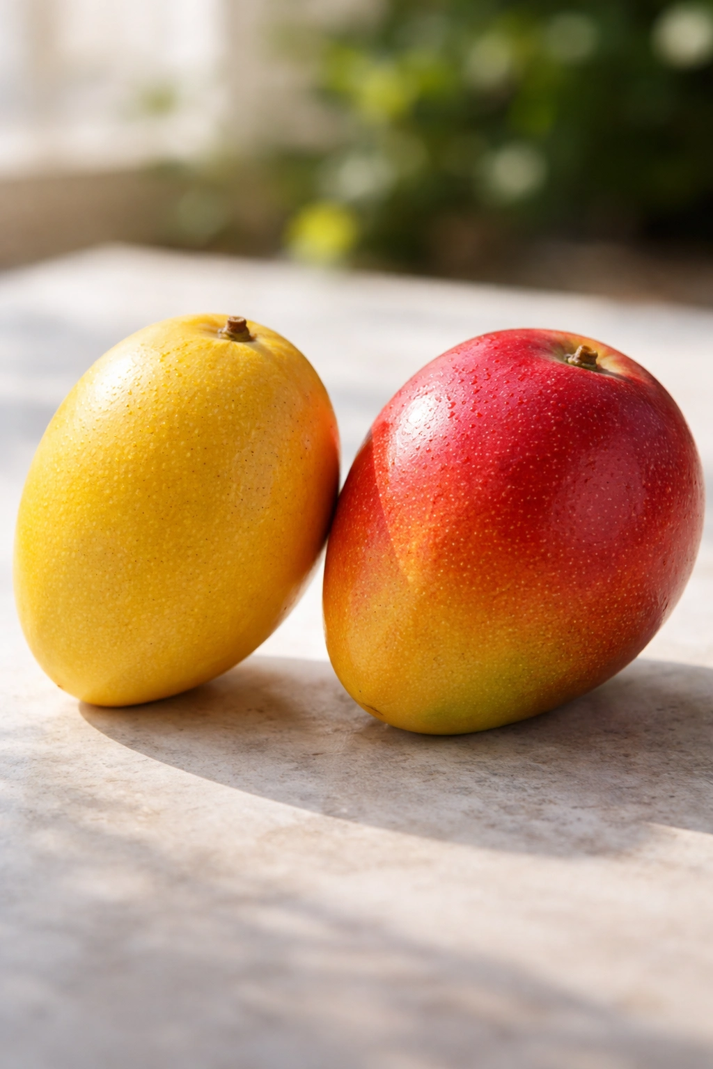 Ripe yellow and ripe red mangoes side by side with glossy skin