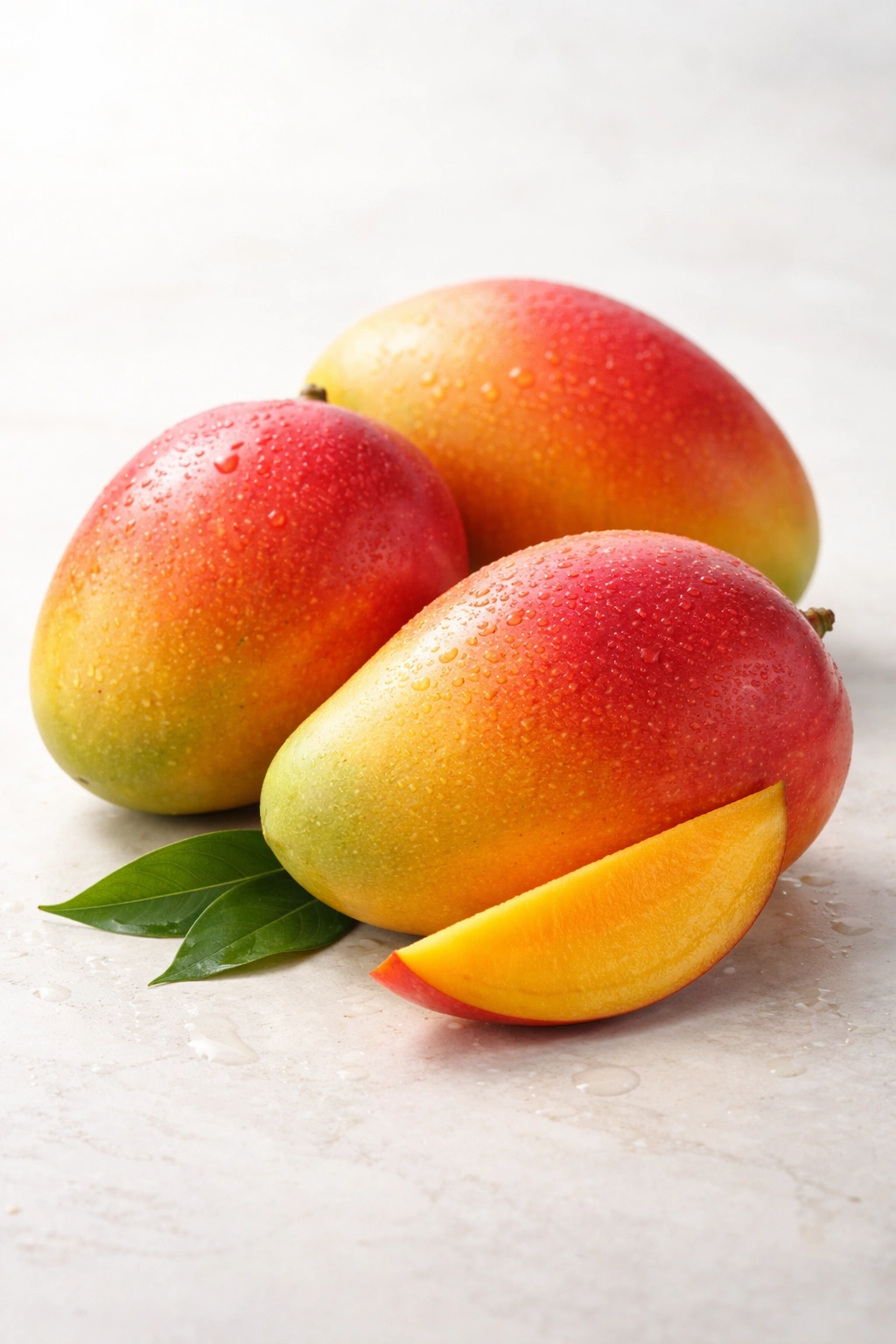 Three ripe mangoes on a light background