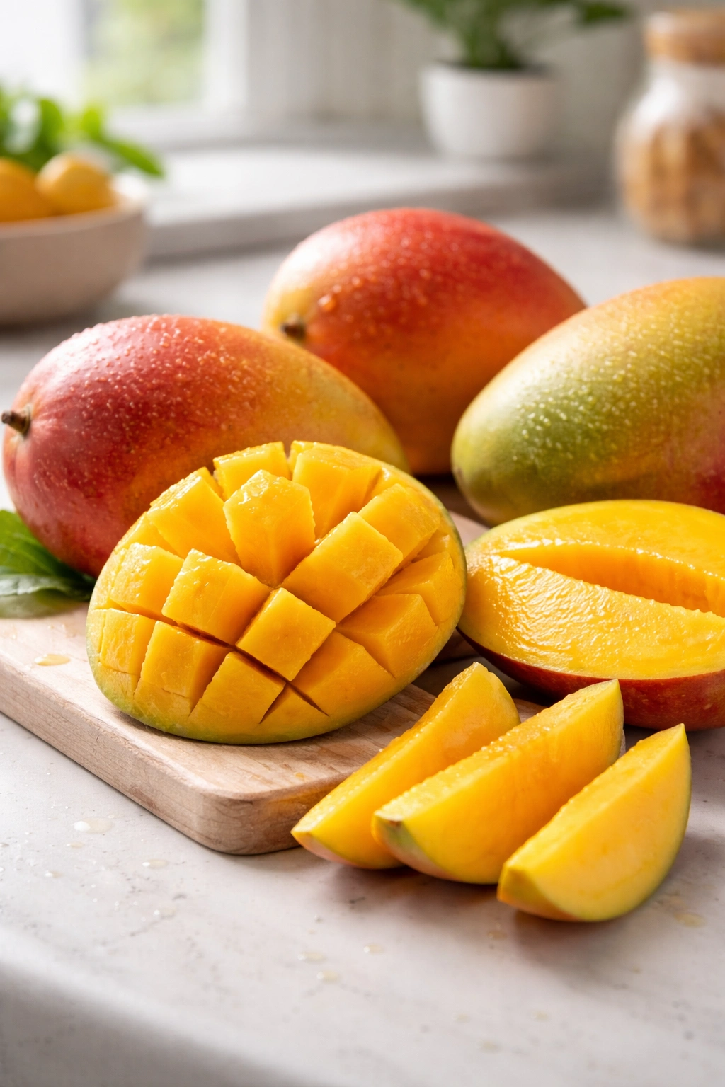 Close-up of sliced ripe mangoes on a white surface