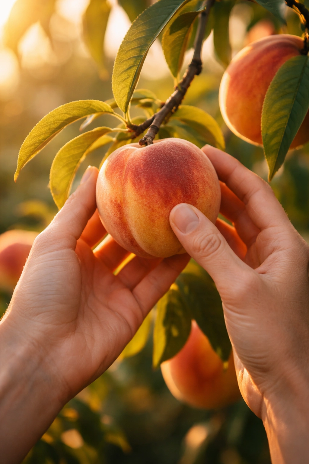 Close-up of a ripe peach held on a tree branch in golden hour light