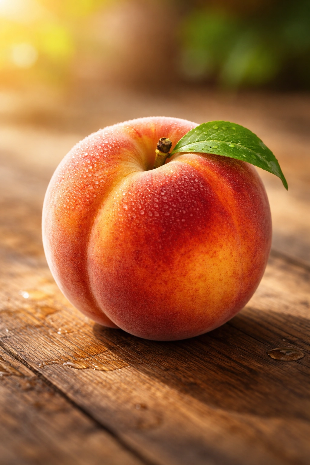 Ripe peach on wood surface showing color and texture