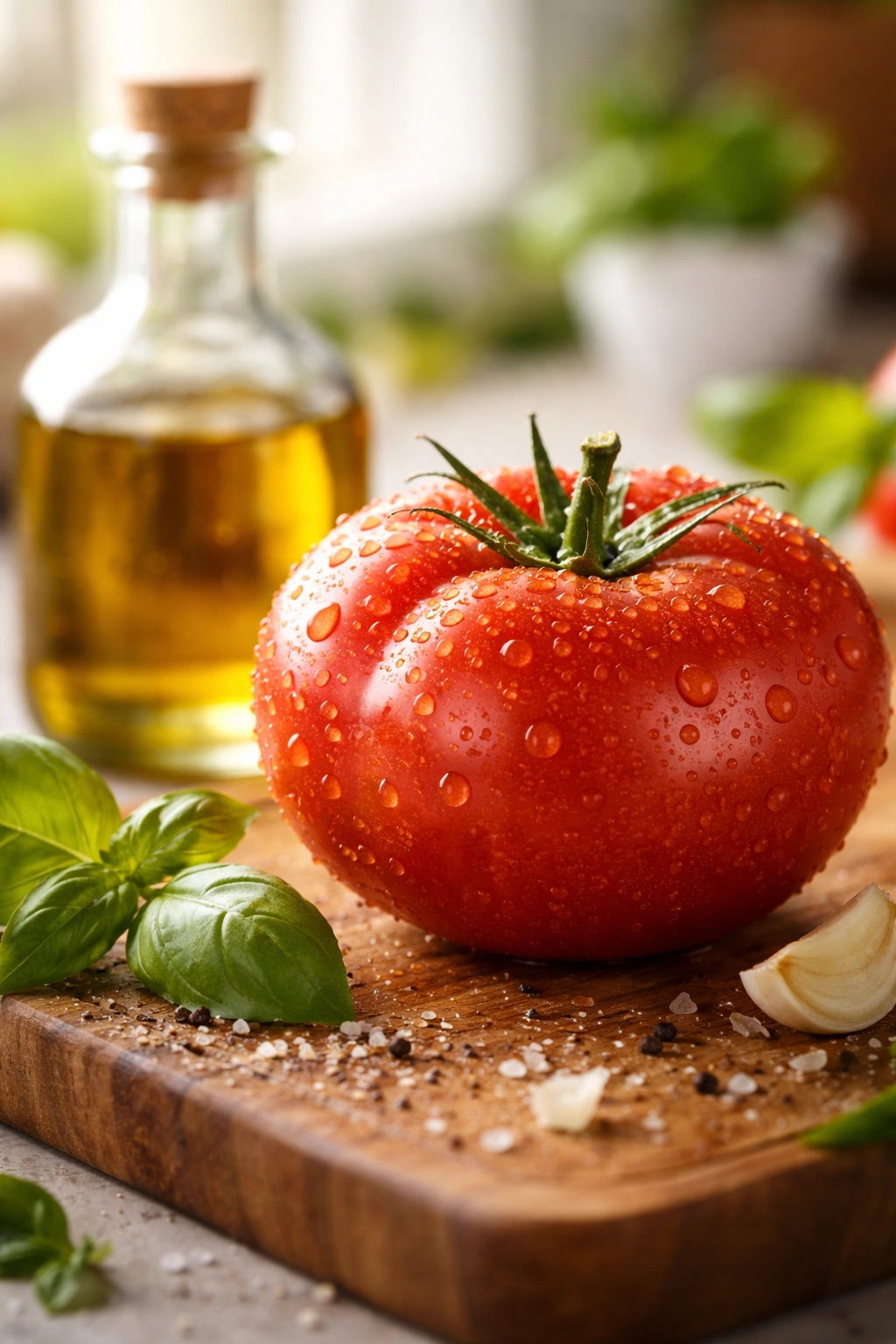 Macro shot of a ripe tomato with olive oil in the background, emphasizing fresh ingredients