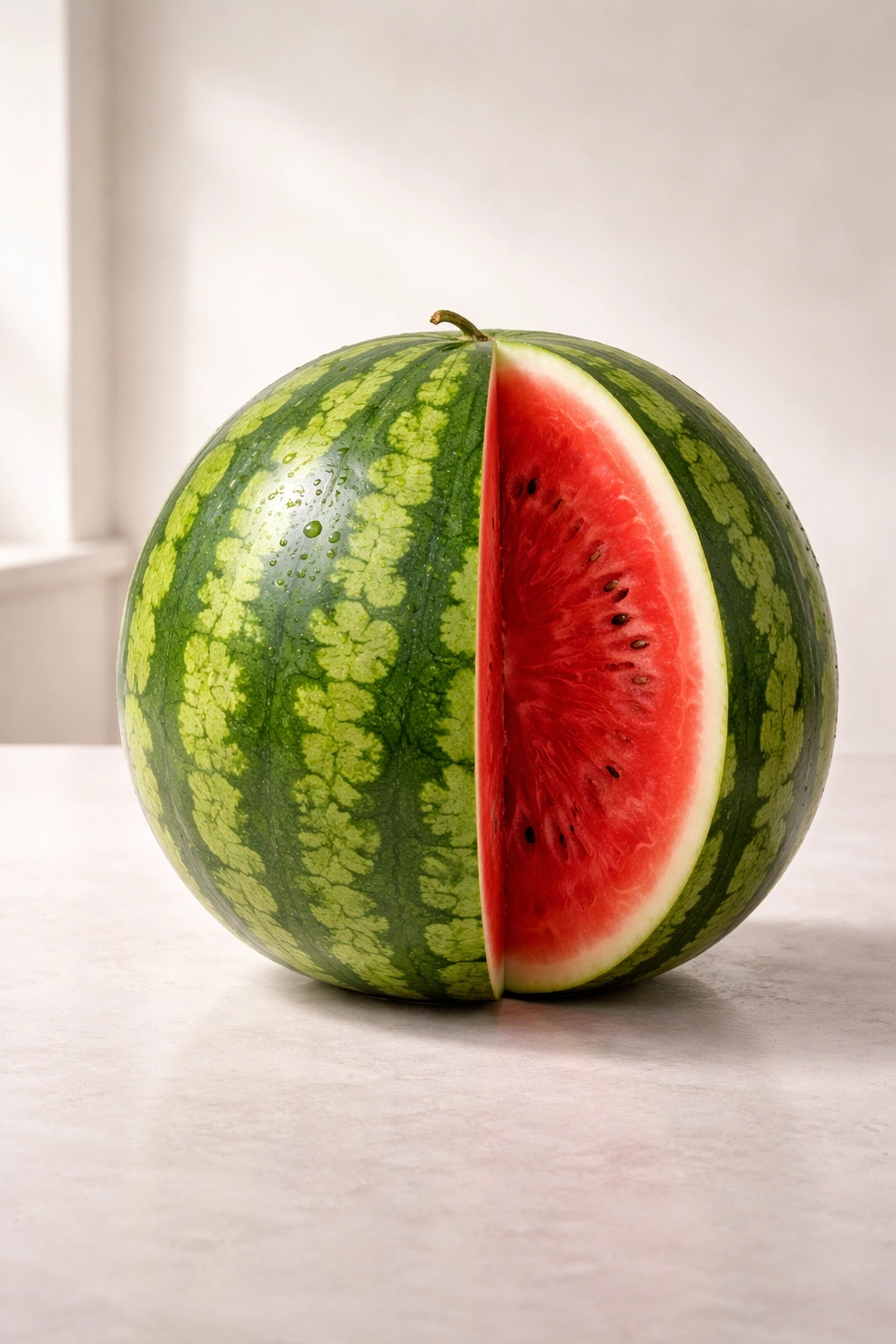Close-up of a ripe watermelon showing glossy rind and rich flesh for maximum flavor