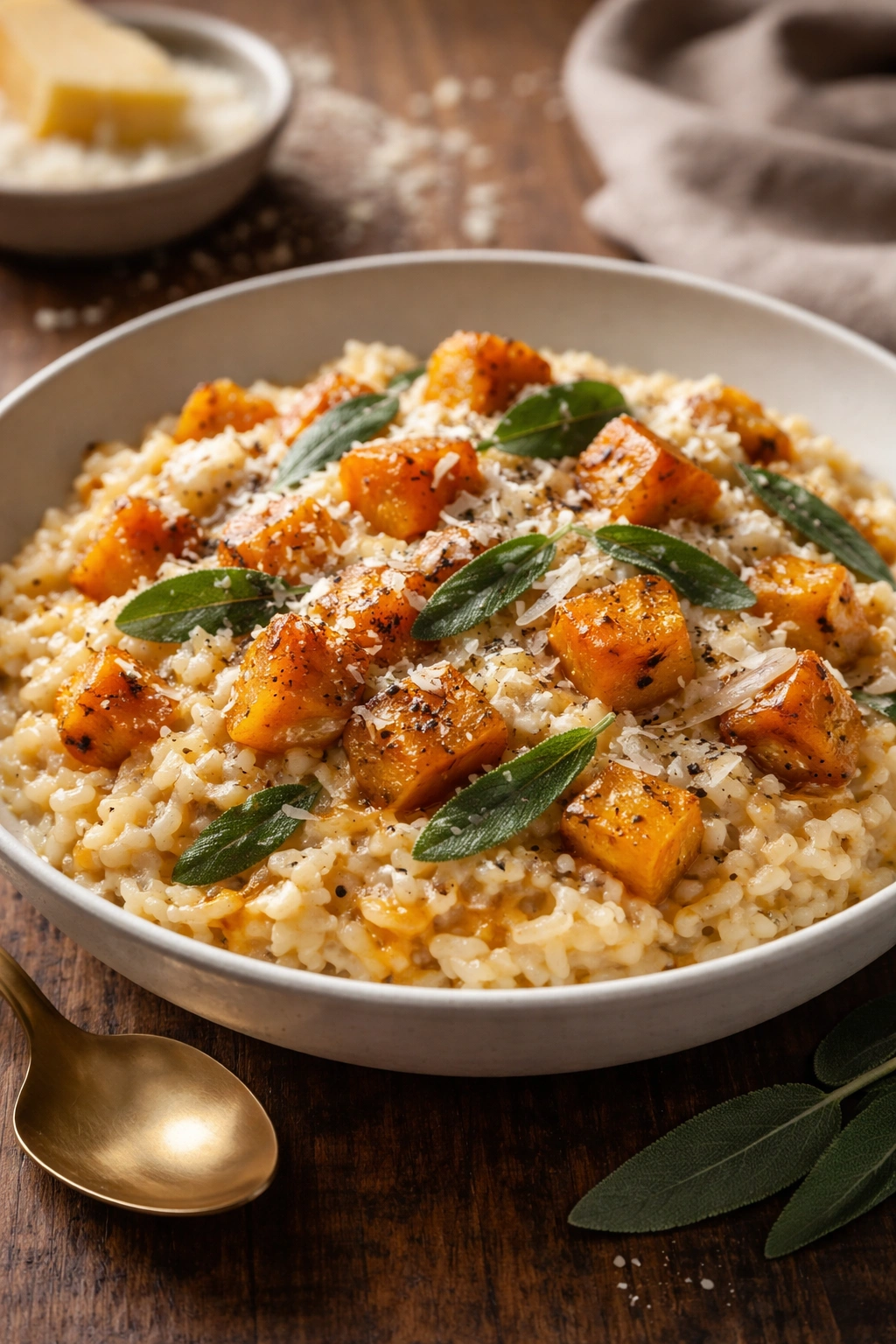 Creamy risotto with roasted butternut squash and sage