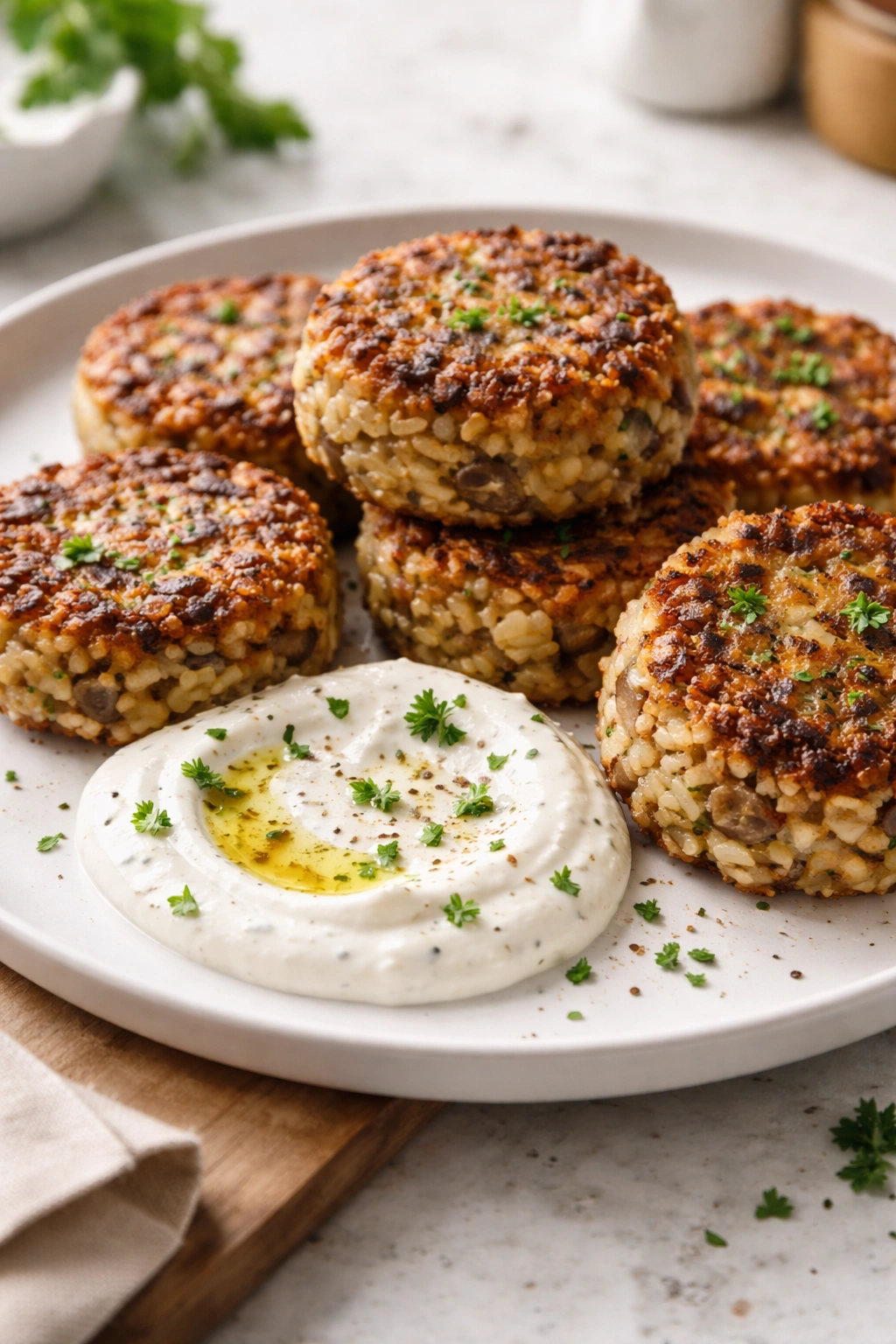 Golden mushroom risotto cakes with garlicky yogurt sauce