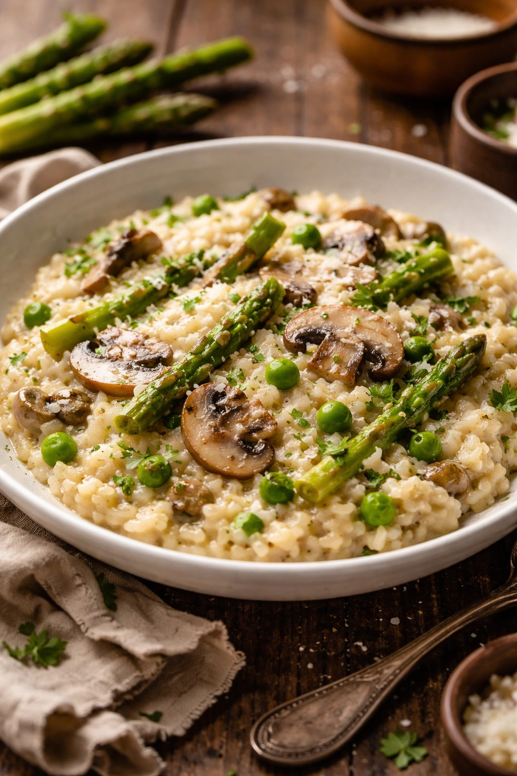 Creamy risotto with seasonal vegetables in a shallow bowl