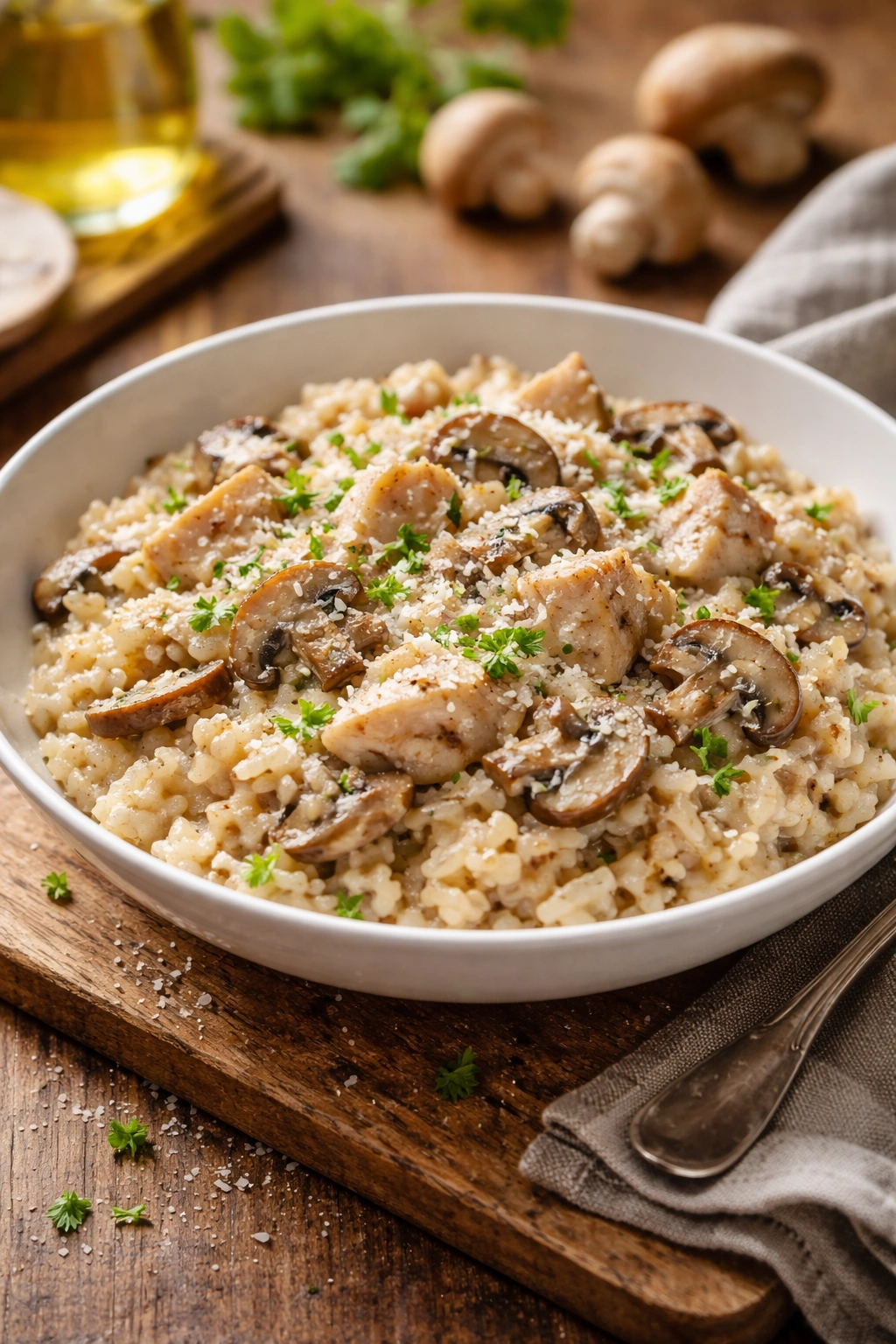 Creamy chicken and mushroom risotto in a shallow bowl on a wooden board
