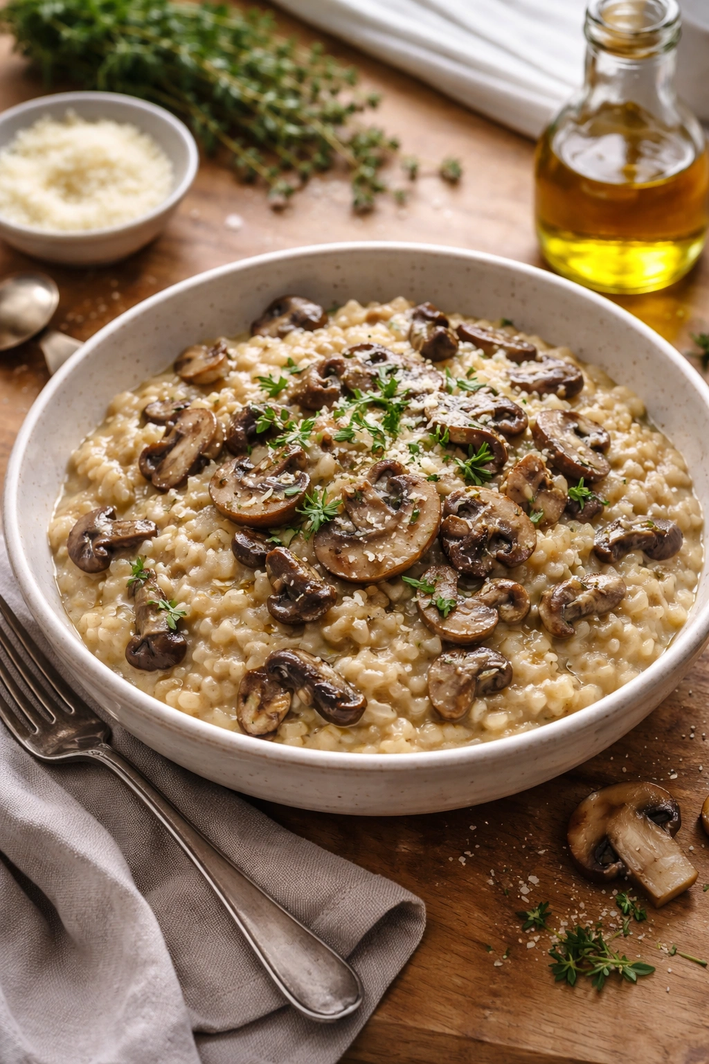Creamy risotto with mushrooms and truffle oil in a wide shallow bowl