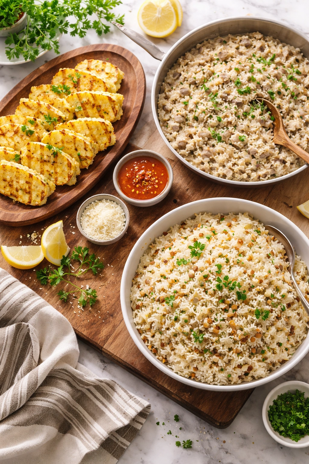 Polenta slices, creamy risotto in a pan, and fluffy rice pilaf on a wooden board.