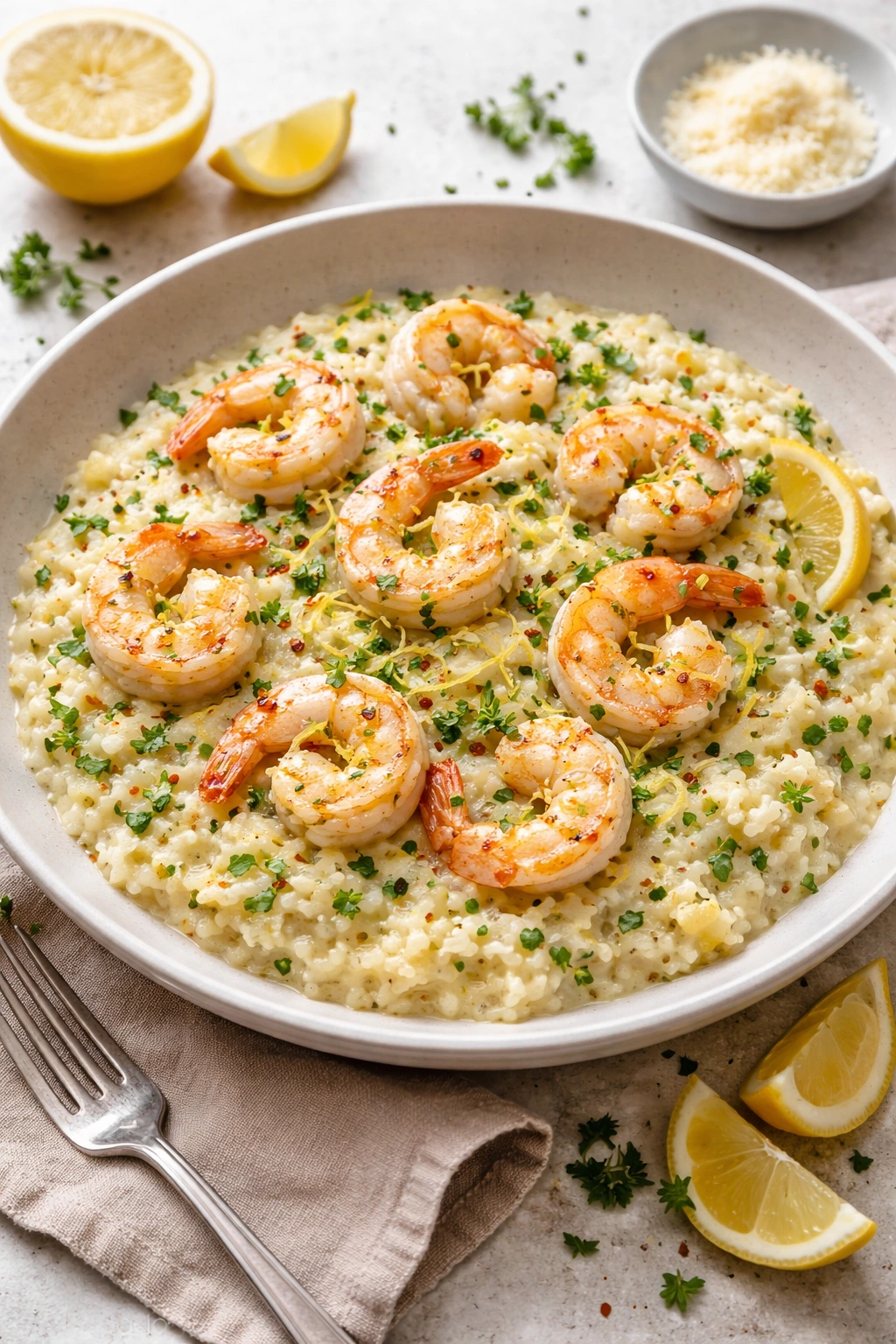 Creamy lemon herb risotto with shrimp in a shallow bowl