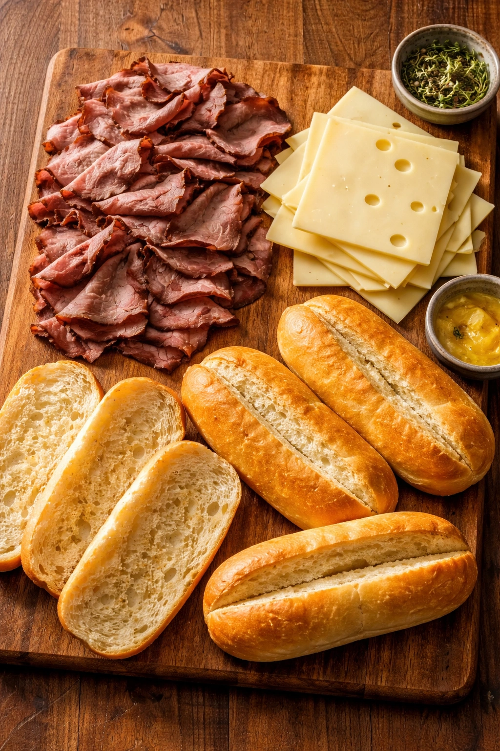 Roast beef, Swiss cheese, and hoagie rolls arranged for assembly