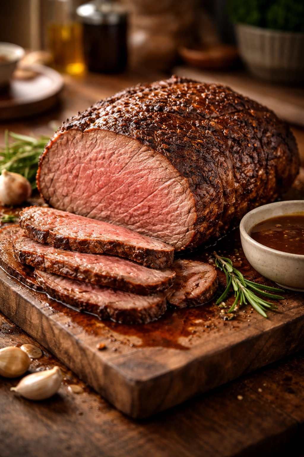 Close-up of a roasted beef joint with caramelized crust on a wooden board