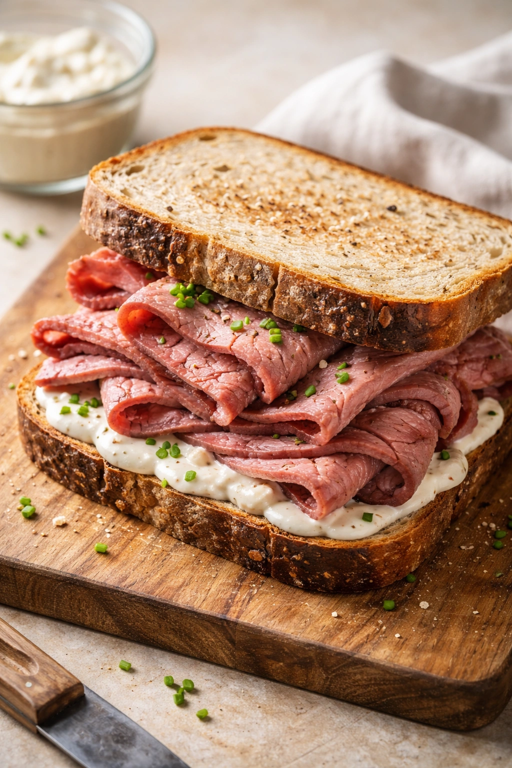 Roast beef on rye with horseradish cream
