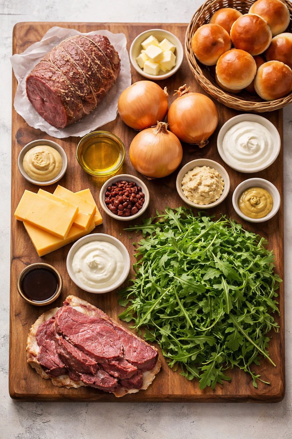 Overhead view of raw ingredients for sliders on a wooden board