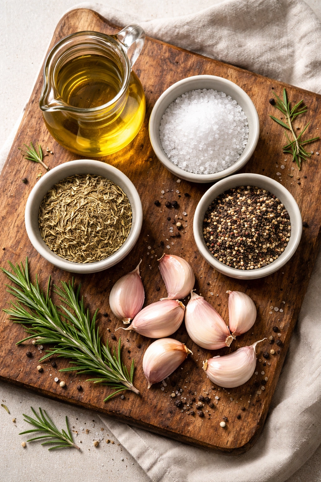 Top-down view of olive oil, salt, pepper, rosemary, and garlic on wood board