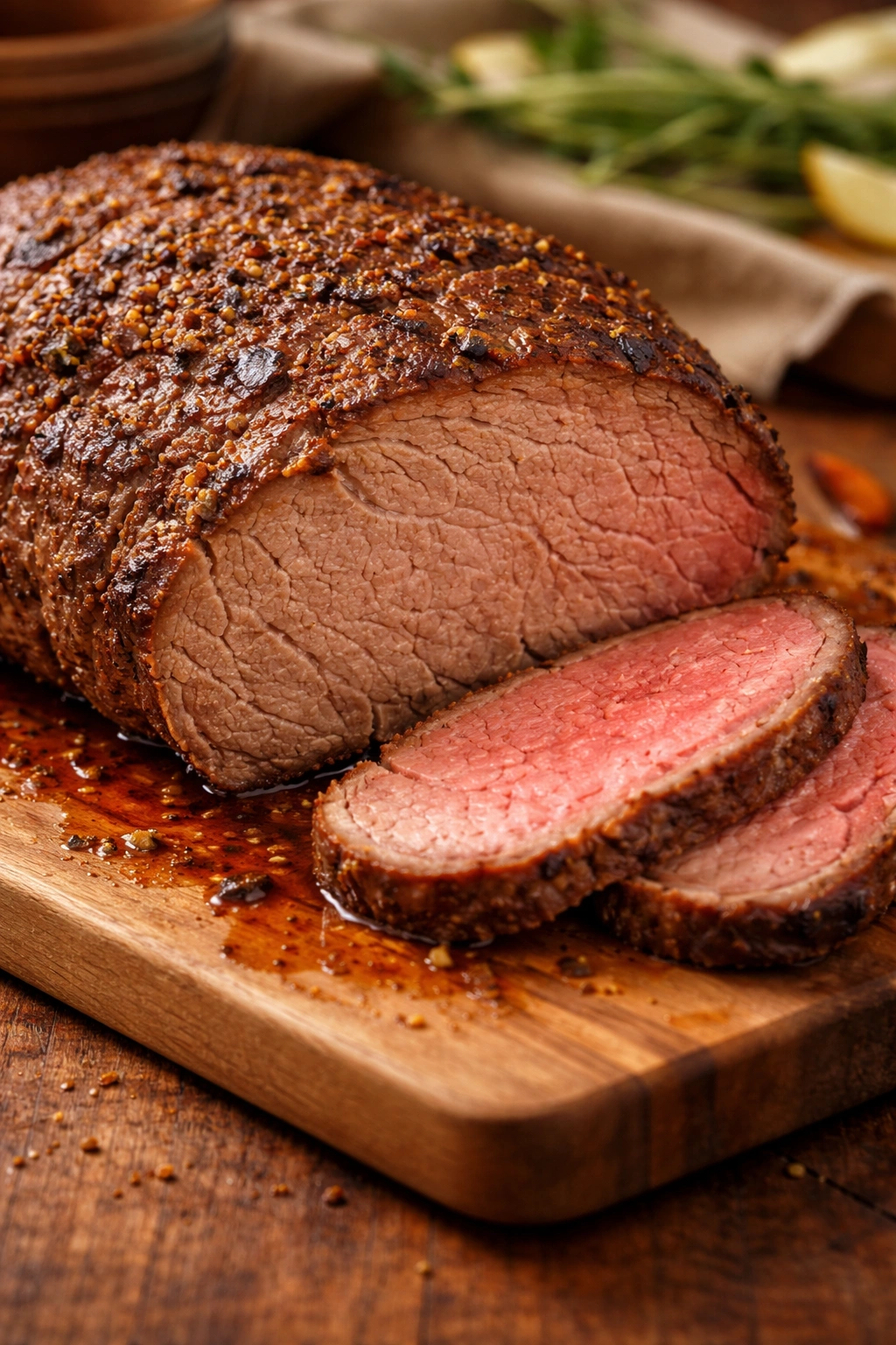 Roast beef showing dry overcooked interior contrasted with juicier slice