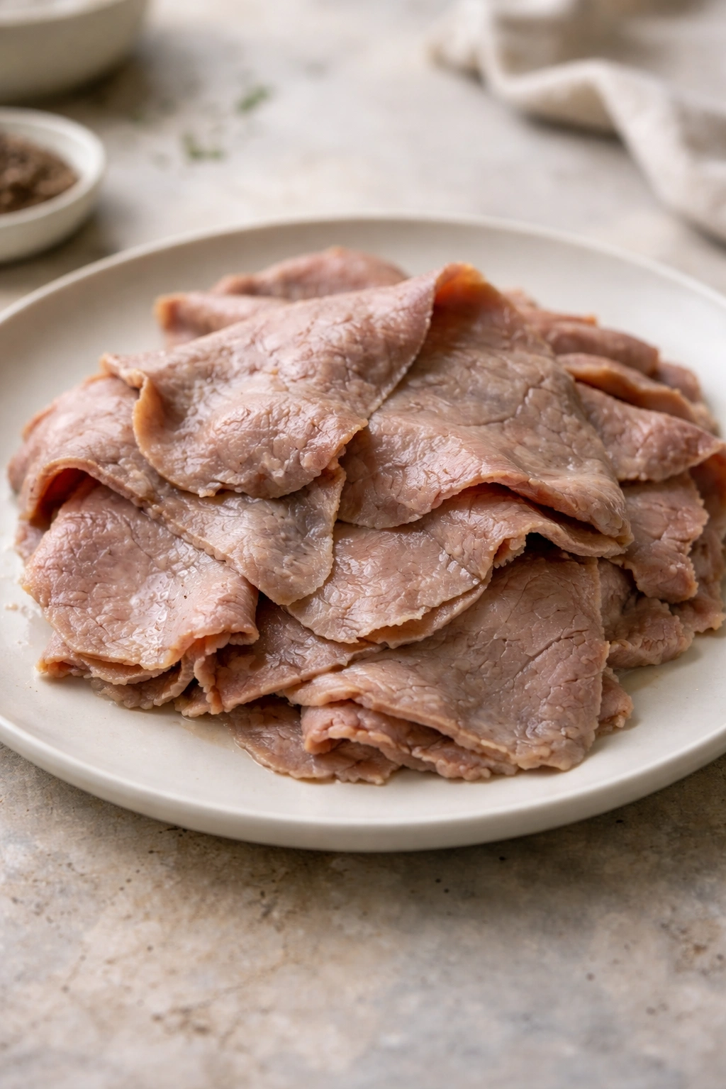 Cold waxy roast beef slice on plate illustrating common sandwich mistakes