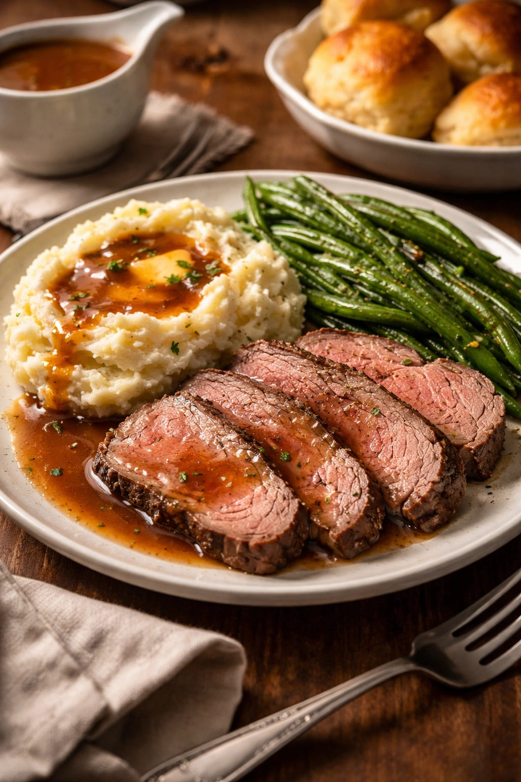Plate of roast beef with mashed potatoes and green beans