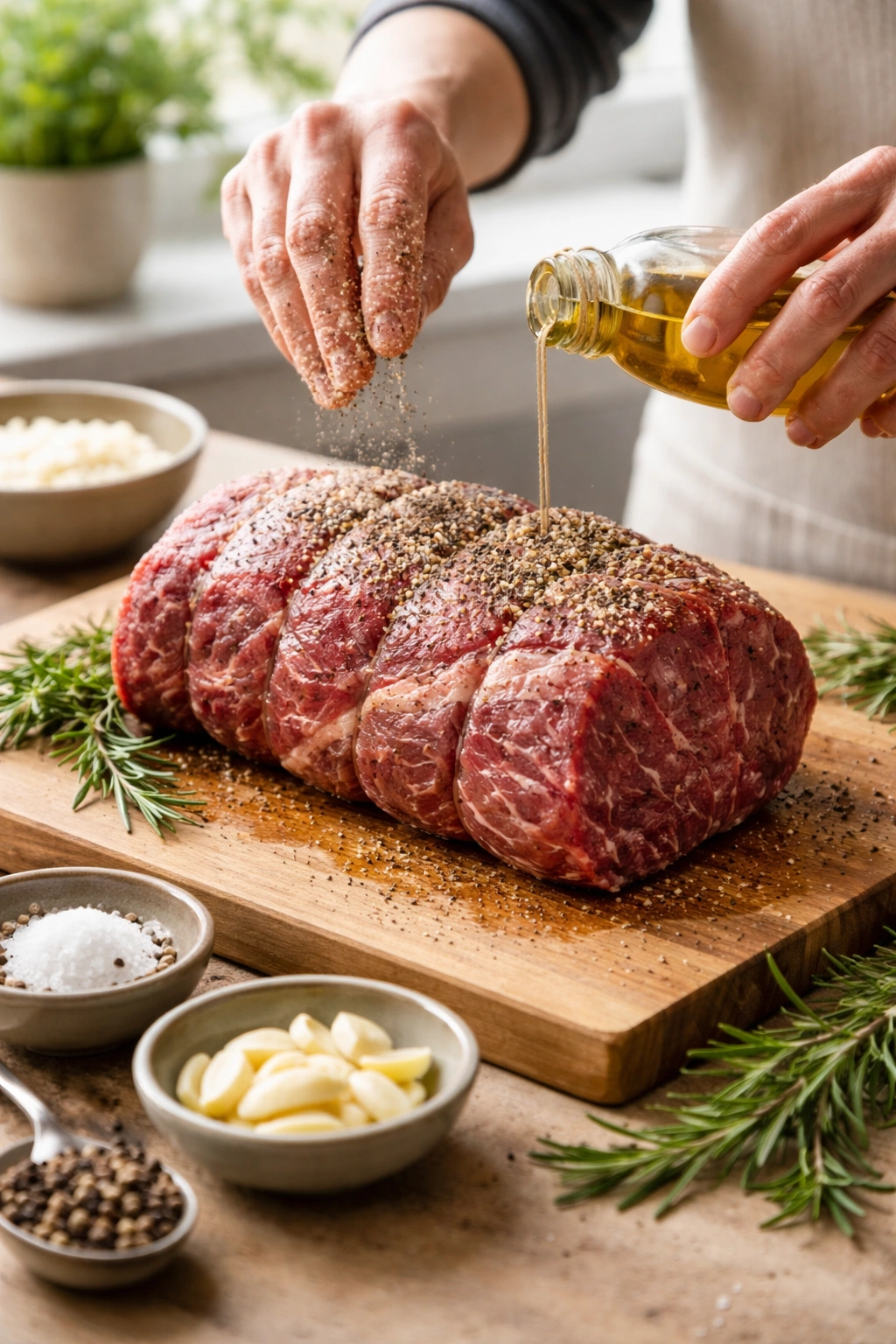 Beef roast being seasoned and prepared on cutting board