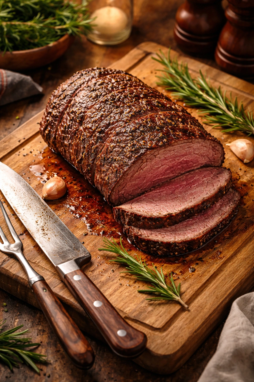 Resting roast beef on cutting board in warm kitchen