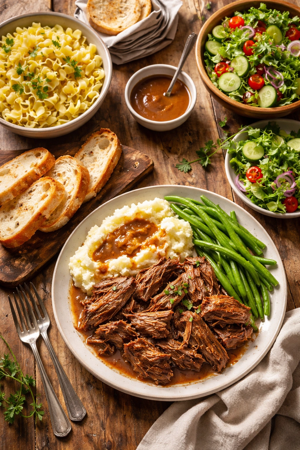 Overhead view of roast beef with mashed potatoes, gravy, green beans, and bread