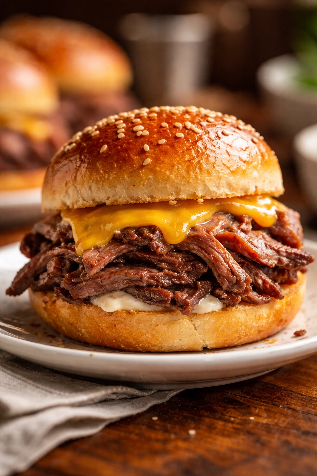 Close-up of a roast beef slider on a plate with cheddar and bun