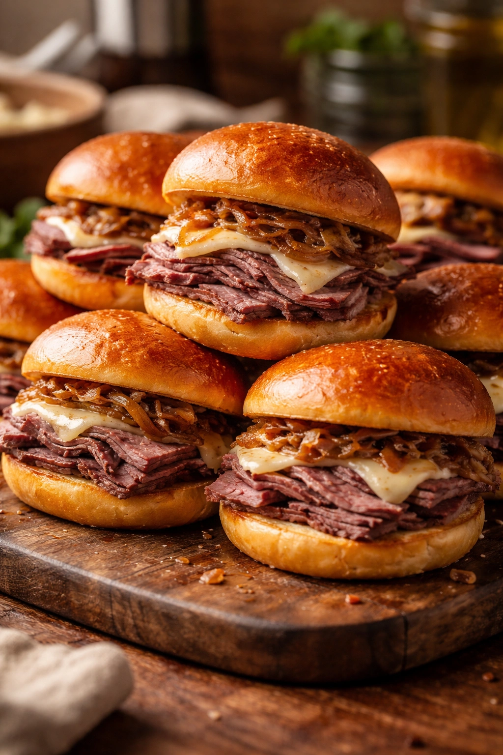 Close-up of roast beef sliders on a wooden platter with toasted buns and onions