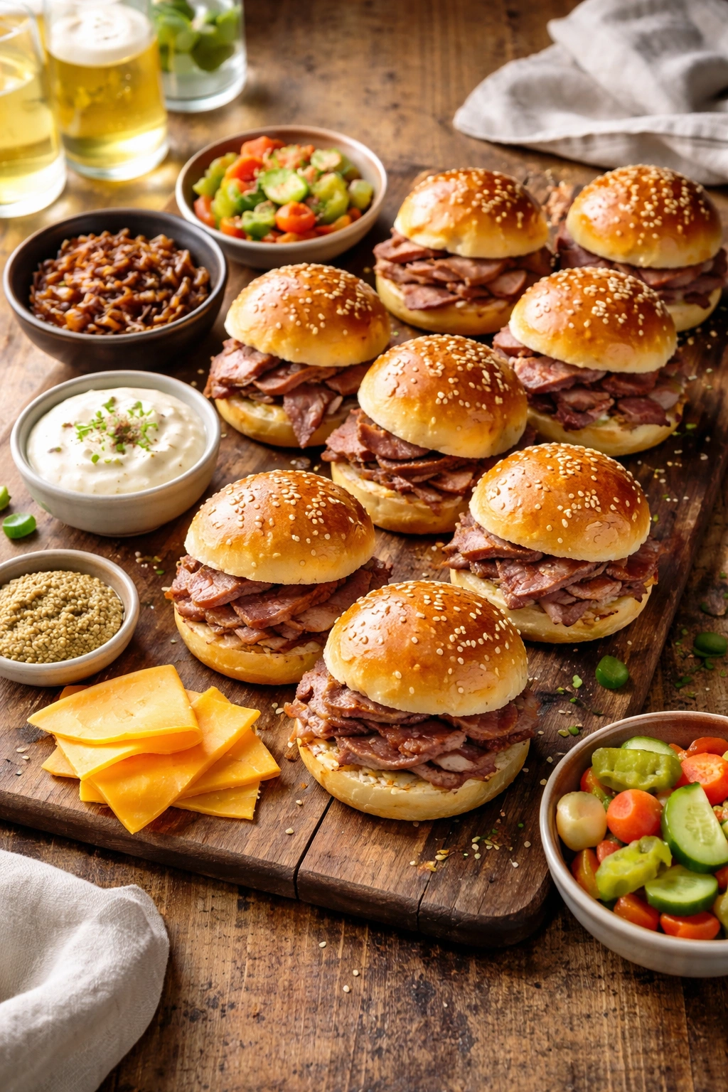 Wooden board with roast beef sliders and small bowls of condiments and pickled vegetables