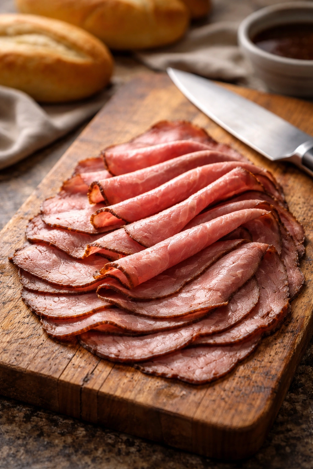 Ultra-thin roast beef slices fanned on cutting board with knife in warm kitchen