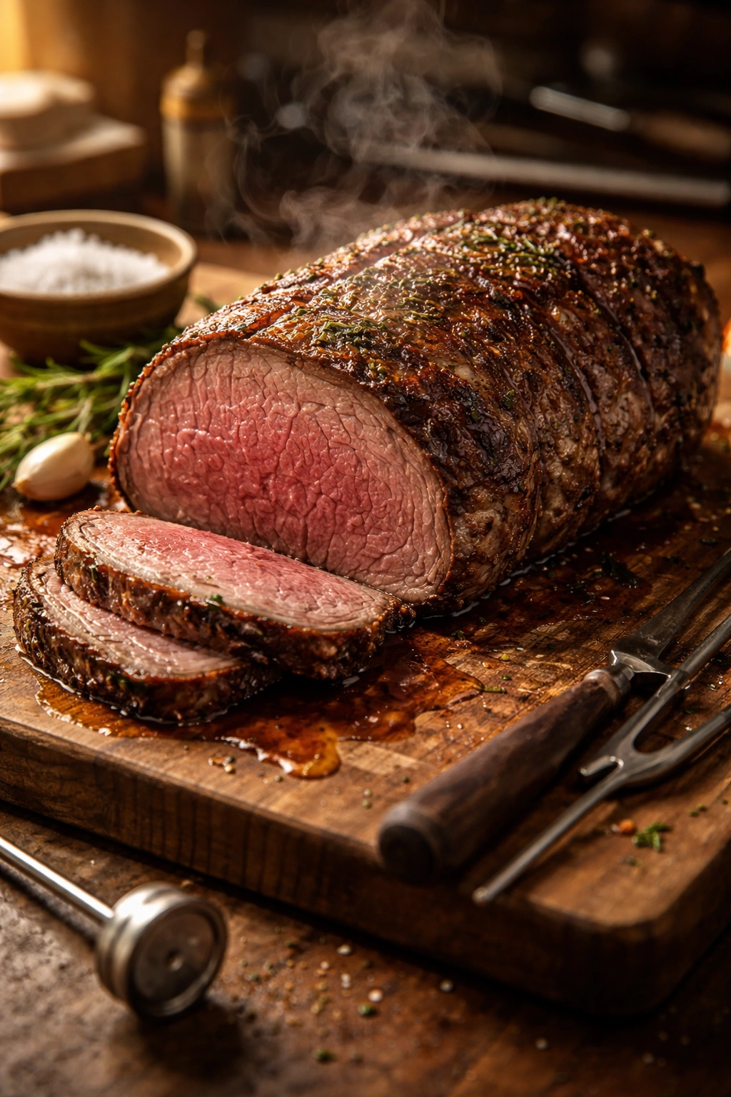 Juicy rested roast beef with visible moisture and steam