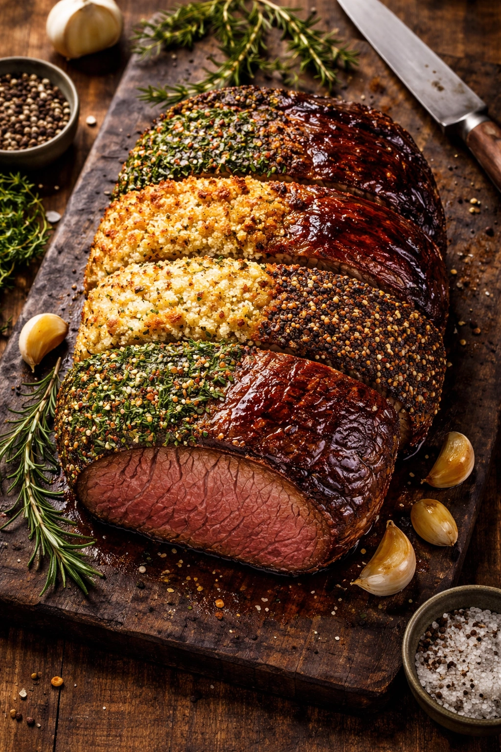 Roast beef with five crust variations on a wooden board
