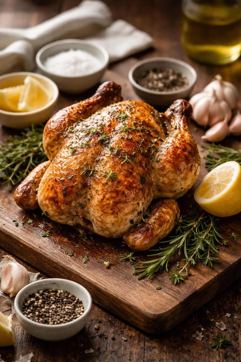 Golden roasted chicken on a wooden board with herbs