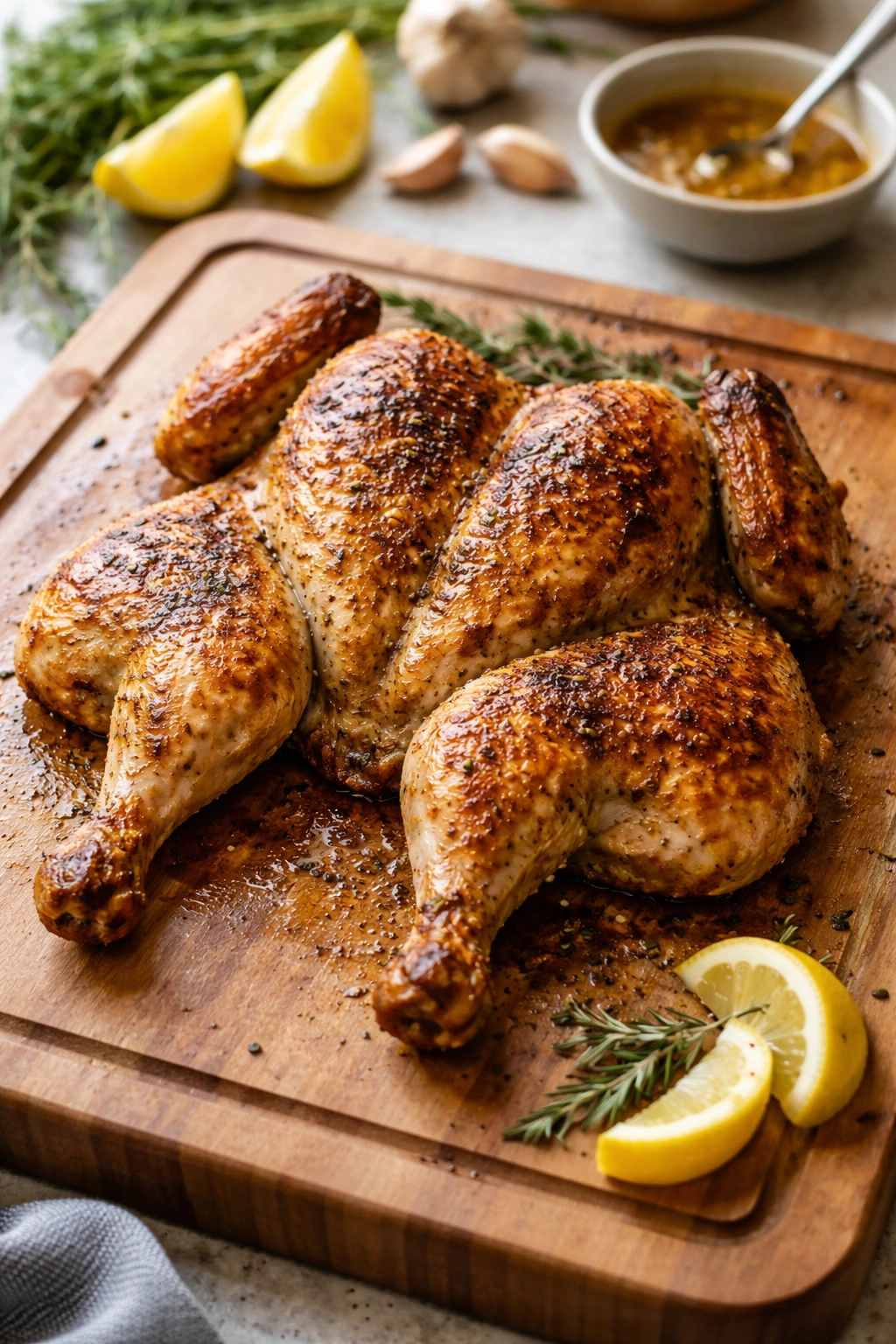 Spatchcocked chicken on a cutting board showing even cooking