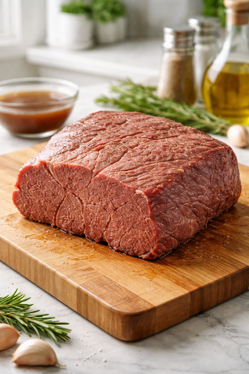 Lean roast on cutting board showing dry fibrous texture