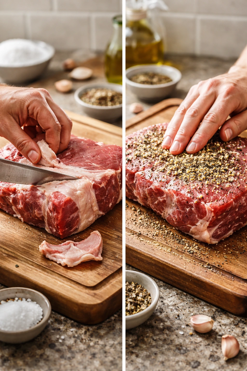 Raw chuck roast on cutting board being trimmed and seasoned in a bright kitchen