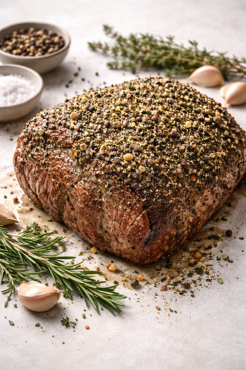 Beef roast with visible herb and salt crust