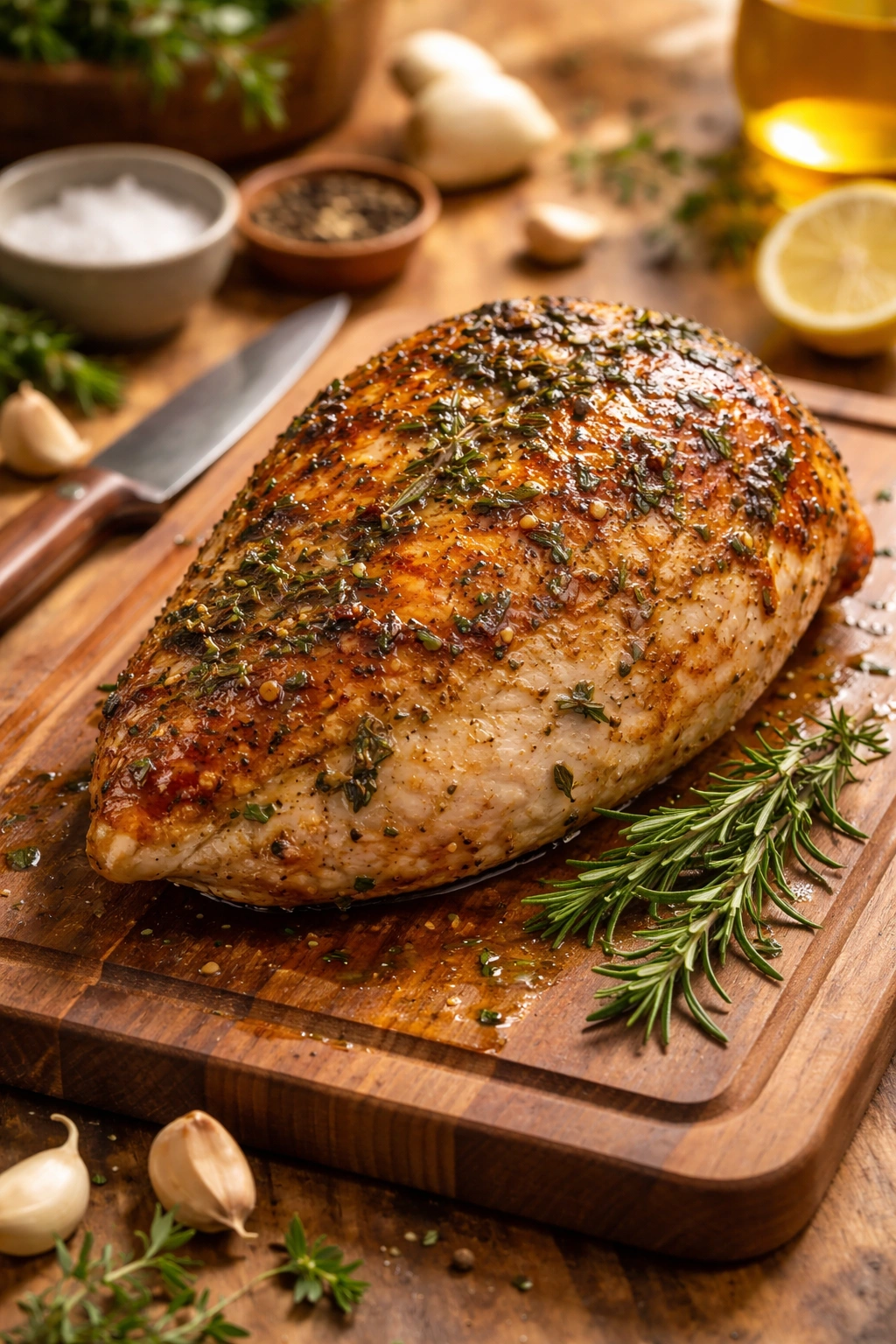 Golden roasted turkey breast on a wooden board